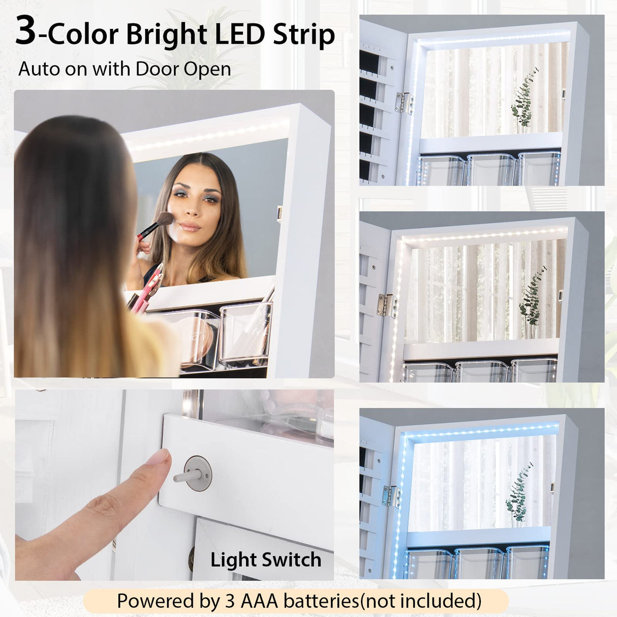CHARMAID LED Strip Jewelry Armoire with 47.2" H Full Length Mirror, Lockable Jewelry Cabinet Organizer with 3-Color Lights, 3 Brush Boxes, 2 Drawers, Bottom Storage Shelf, Metal Frame (White) CHARMAID