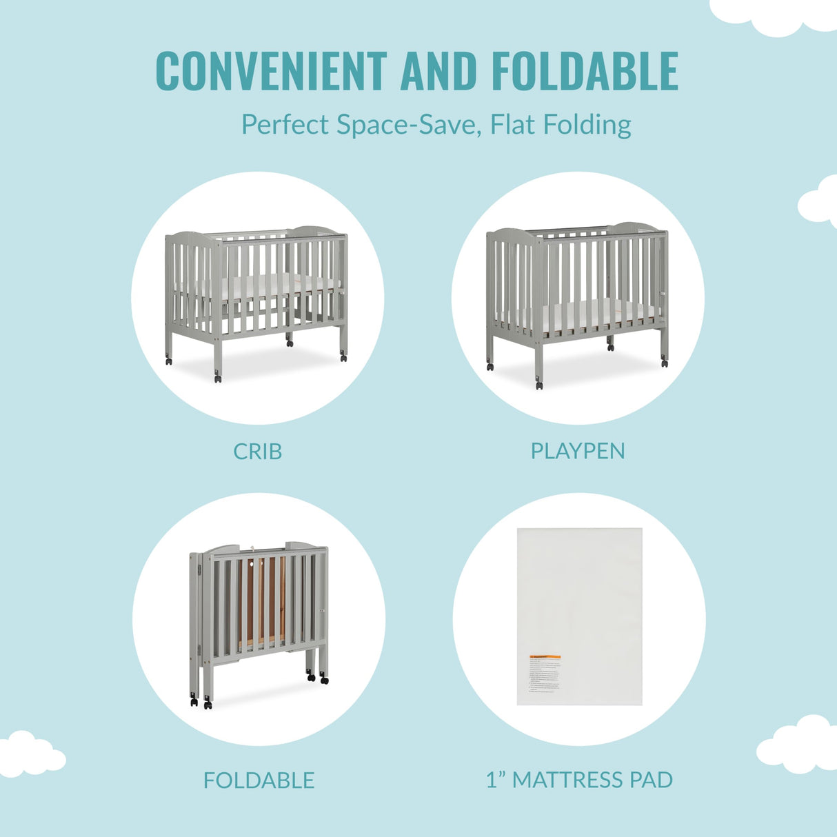 Dream On Me 2 in 1 Folding Portable Crib in Cool Grey, Greenguard Gold Certified , 40x26x38 Inch (Pack of 1) Dream On Me