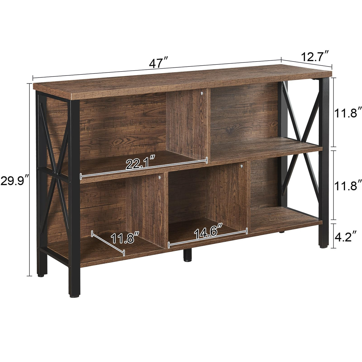 HOMISSUE Cube Storage Organizer Shelf, Rustic Horizontal Bookshelf with 5 Cube Storage, Industrial Short Wide Bookcase with 3 Tier Shelves, Low and Long Cube Bookshelf for Living Room, Office, Brown HOMISSUE