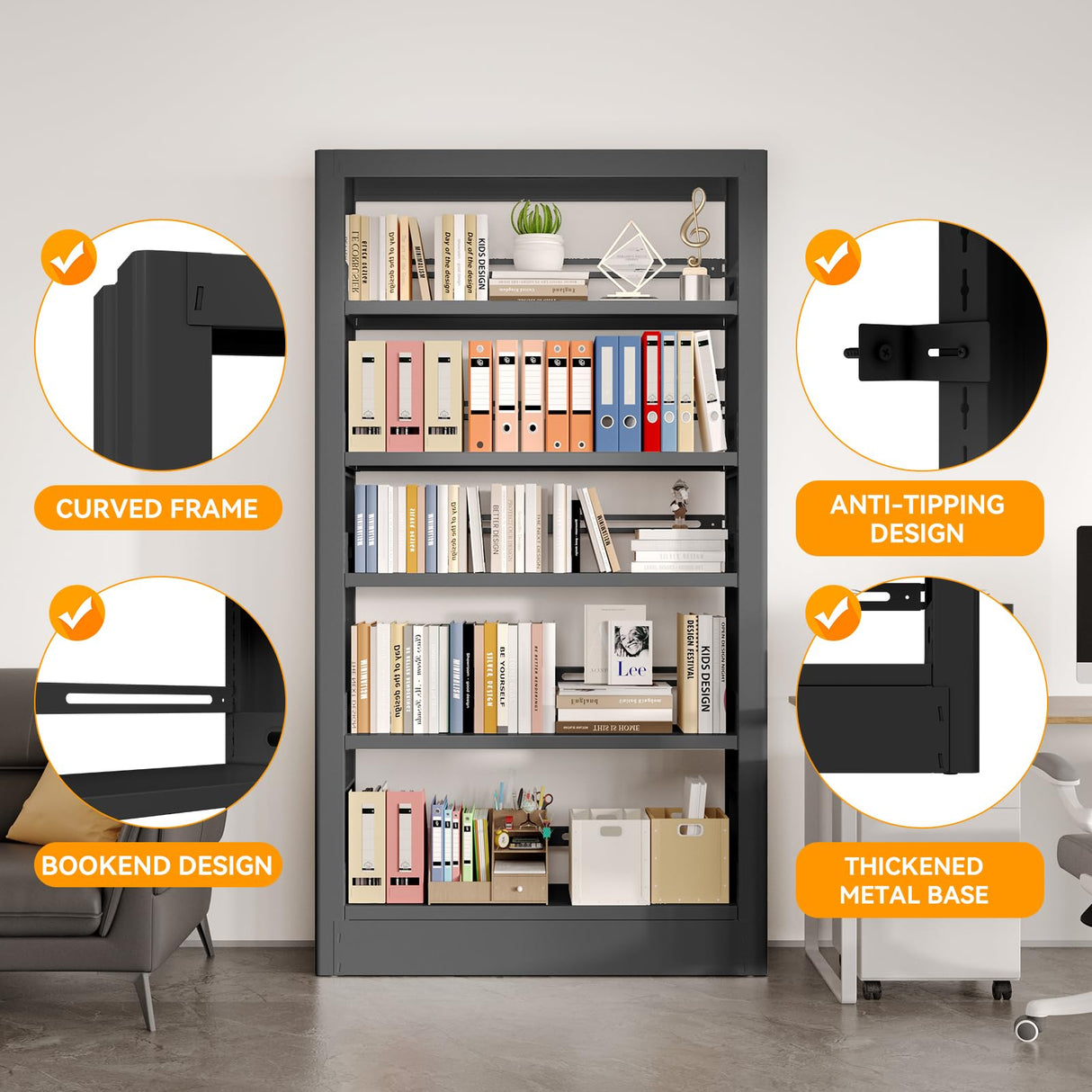 CRPDY 71" Tall Metal Bookshelf 5 Tier Heavy Duty Bookshelves with Adjustable Storage Shelves Library Bookcase with Book Stopper for Living Room, Library, Office, Bedroom, School CRPDY