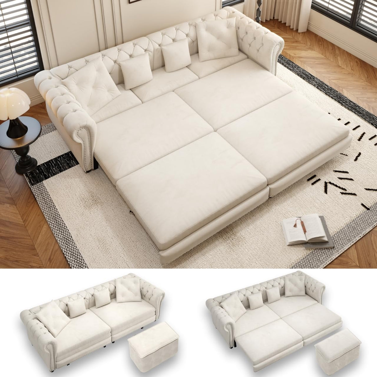 LuxyHoom 89" King Pull Out Sofa Bed, Velvet Chesterfield Sleeper Sofa Couch, 3 in 1 Convertible Tufted Futon Couches with Ottoman for Living Room, Small Space, Apartment, Office, Bedroom, Beige LuxyHoom