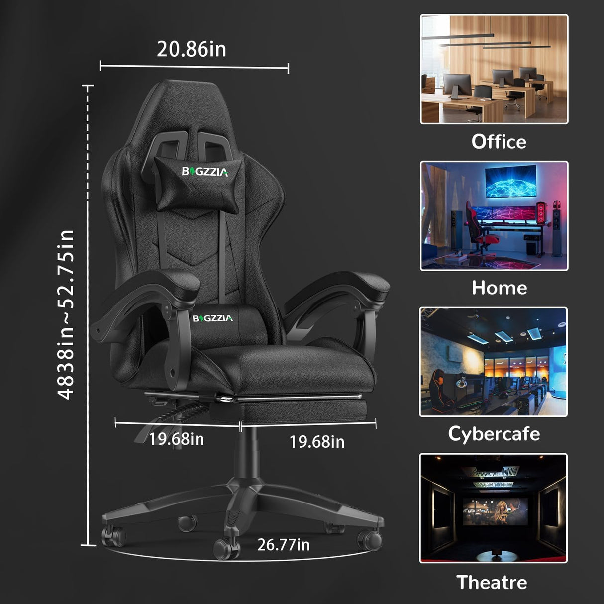 Bigzzia Gaming Chair with Footrest, Ergonomic Game Chairs with Headrest and Lumbar Support, Adjustable Height, Reclining, Racing Style, and 360°Swivel Seat for Computer/Video Game Chair,Black Bigzzia