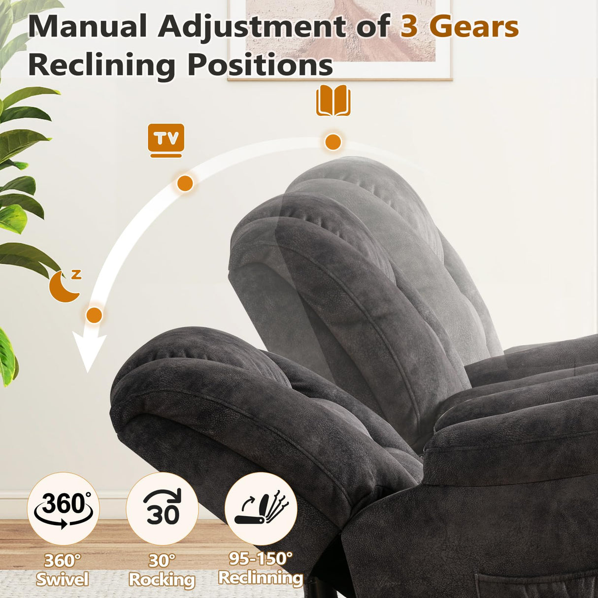 ANJ Rocking Recliner Chair Oversized Swivel Rocker Recliners, Comfy Glider Rocking Chairs for Big Man, Extra Wide Recliners Overstuffed Reclining Chair for Living Room, Grey ANJ