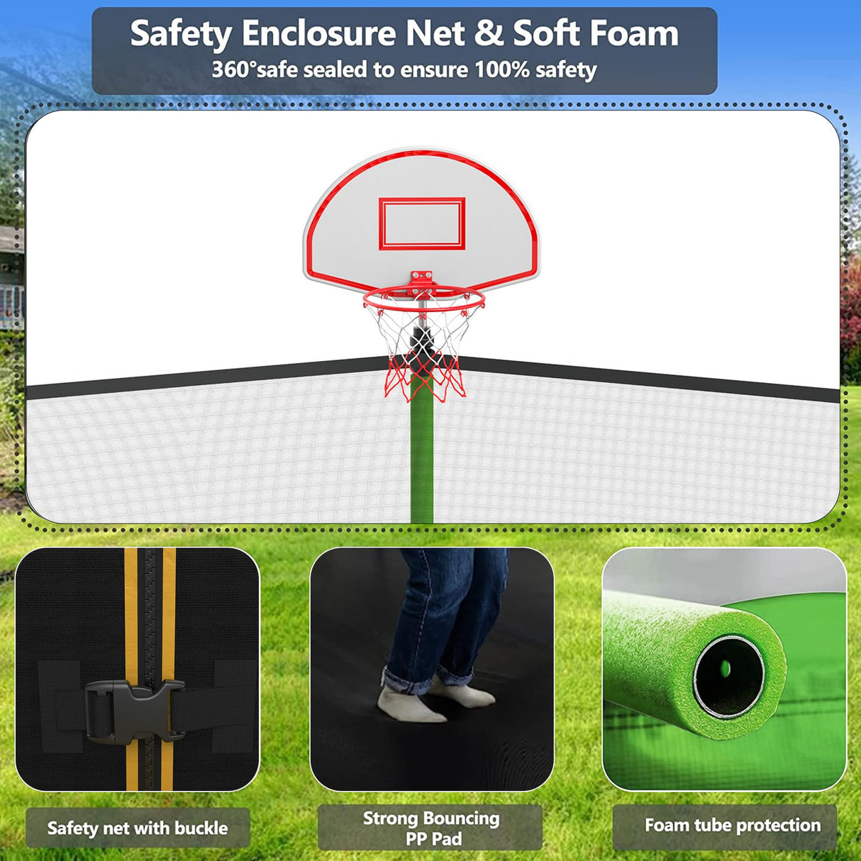 Lyromix Upgraded 12FT Trampoline for Kids and Adults, Large Outdoor Trampoline with Stakes, Light, Sprinkler, Basketball Hoop and Net, Capacity for 5-8 Kids and Adults Lyromix