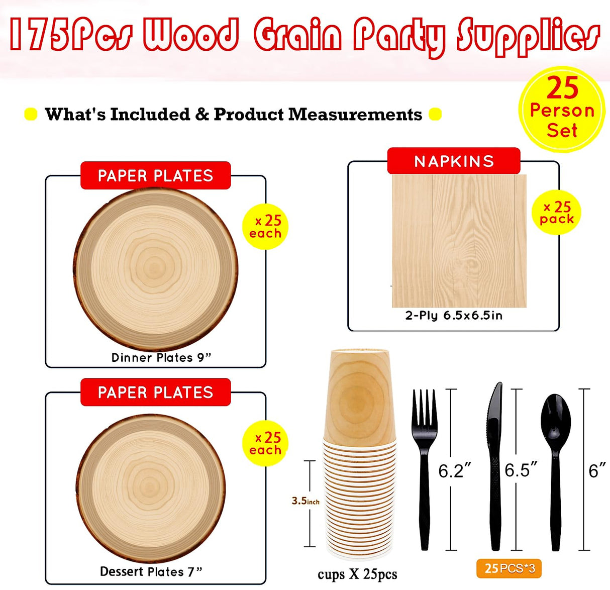 175Pcs Wood Grain Party Supplies Rustic Wood Slice Party Set 9"& 7"Wood Plates Napkins Cup Knives Forks Spoons for Camp Fire Camping Woodland Animal Lumberjack Baby Shower Birthday Party Decor Serve25 HSPAIDYP