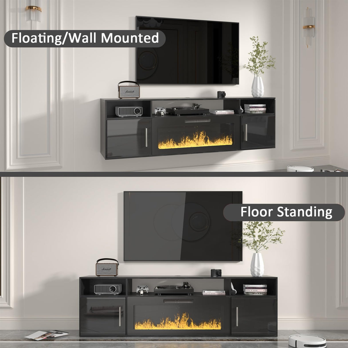VENDORZ Floating Fireplace TV Stand, 70" Floating TV Stand Wall Mounted with 36" Fireplace, Black Floating Entertainment Center Fire Place TV Stands for Living Room Media Console, Up to 80" TVs VENDORZ