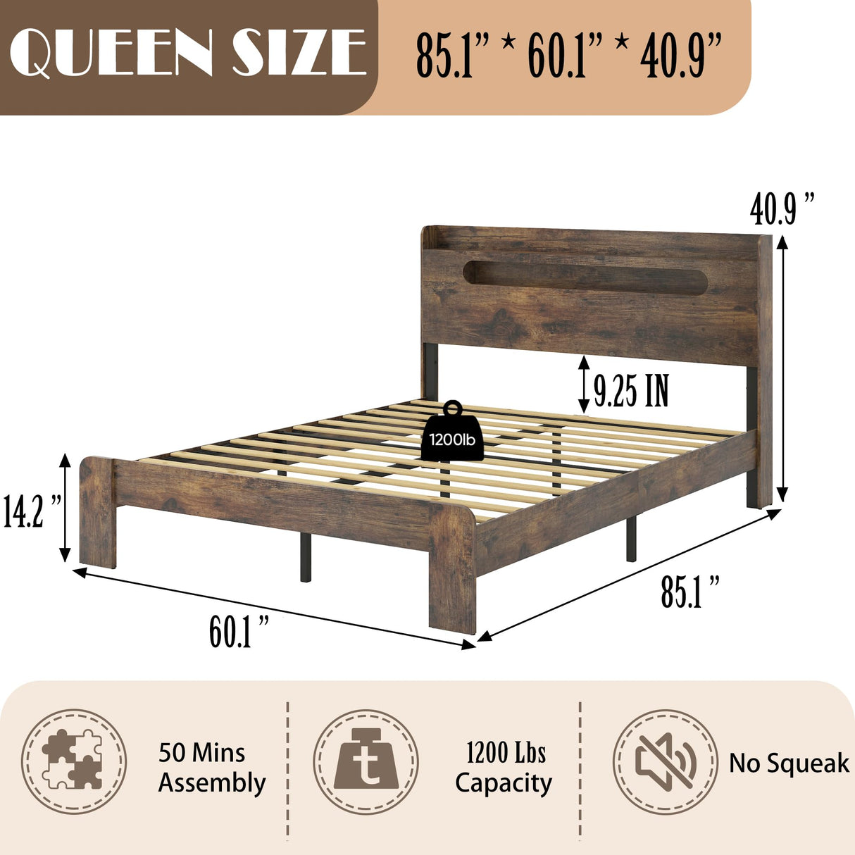 FSTAR Wooden Queen Size Bed Frame with Storage Headboard, Farmhouse Bedframe with Charging Station & Led Lights, Wood Slats Support, No Box Spring Needed, Rustic Brown FSTAR