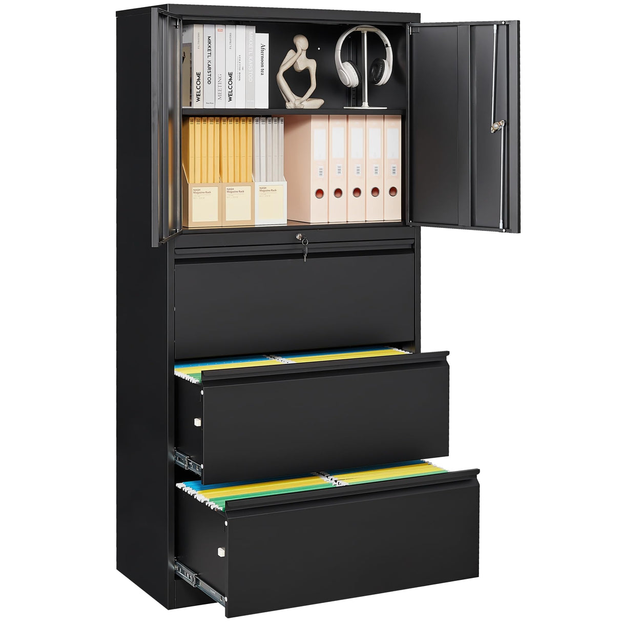SISESOL Metal Storage Cabinet with Drawers, 71" File Cabinets for Home Office, Locking Steel Storage Cabinet with Doors and Shelves for Home, Office, Warehouse, Garage, School (Black, 3 Drawers) SISESOL