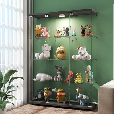 HAMBING Glass Display Cabinet with LED Light & Lock, 4 Shelves 3-Column Display Showcase, 2 Side Doors and Open Center Column, Tempered Glass Curio Cabinet for Bedroom, Living Room - Black