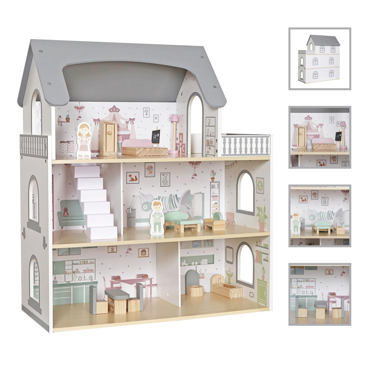 Wooden Dream Playhouse with Balcony, Doll House for Kids with Furniture, DIY Pretend Dolls Play House Toy, Girls Dollhouses Toys with 12 PCS Accessories, Birthday Gifts for Boys & Girls Ages 3+ touch us