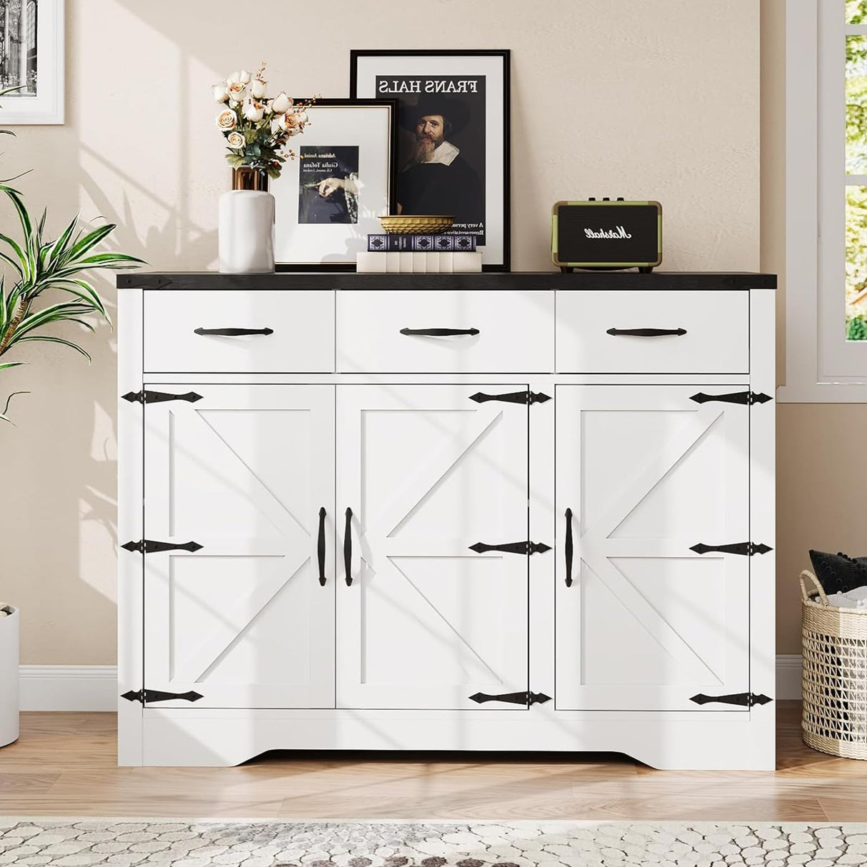 Maupvit 42.5" Farmhouse Buffet Cabinet with Storage, Coffee Bar Cabinet with 3 Drawers and 3 Barn Doors, Sideboard Cabinet, Wood Buffet Table Storage Cabinet for Kitchen, Dining Room,Living Room,White Maupvit