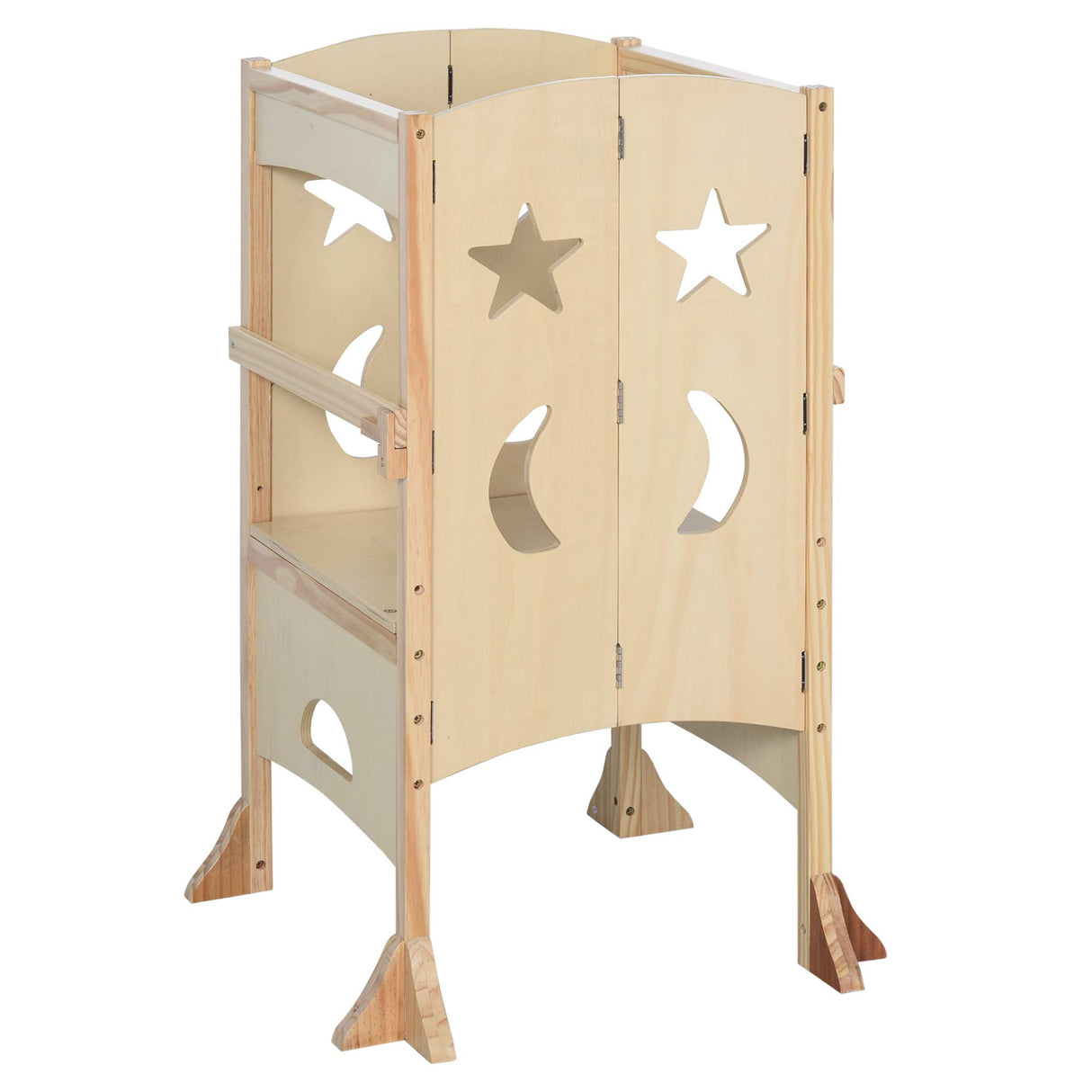 Qaba Wooden Kitchen Step Stool for Kids, Foldable Toddler Tower, Helper Stool for Kitchen Counter with Support Handles Safety Rail, Natural Wood Qaba