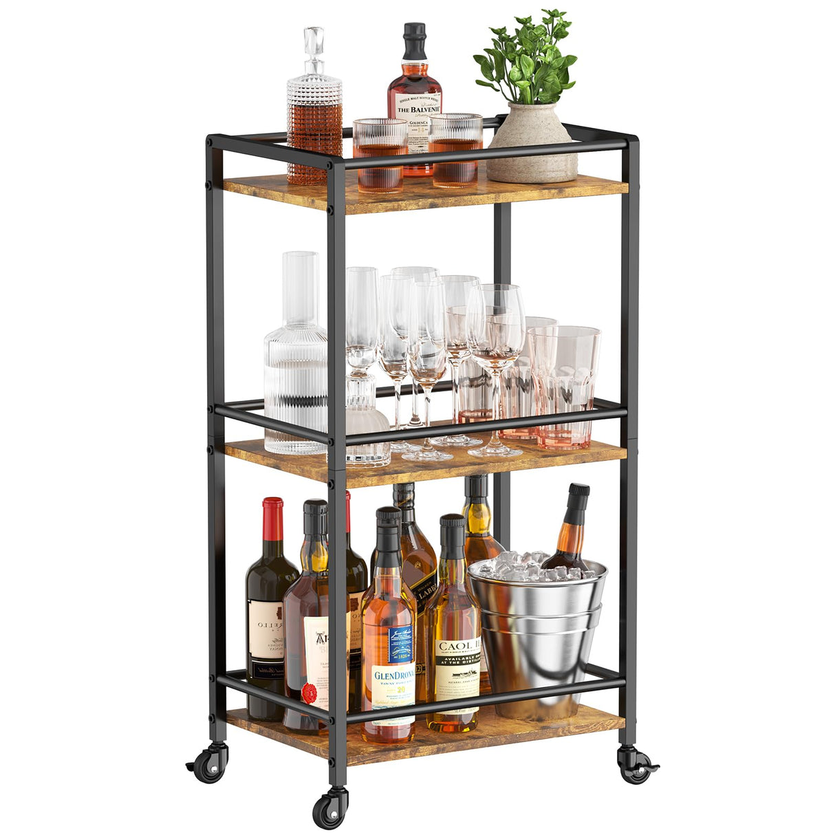 Lifewit Bar Cart for The Home, 3 Tier Small Rolling Wine Cart, Drink Serving Cart with Lockable Wheels, Mini Liquor Utility Cart for Kitchen Dining Living Room, 17" x 11.8" x 32.1", Rustic Brown Lifewit