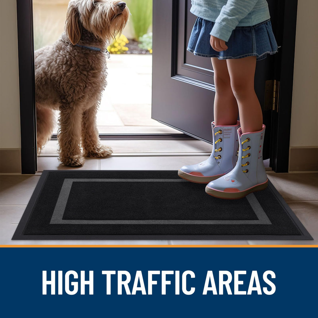 OLANLY Front Door Mat Indoor Outdoor Entrance, Waterproof All-Season, All-Weather Doormat, Sturdy Natural Rubber, Fade Resistant, Low Profile, Easy Clean Patio Porch Entryway Mat, 29.5x17, Black OLANLY