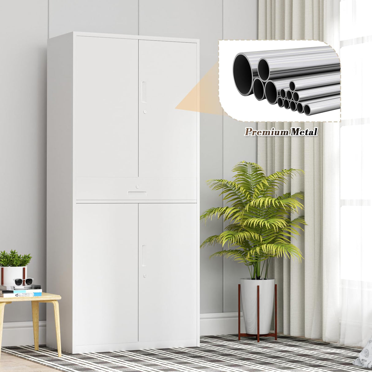 Athena Collection 4 Tier Metal Storage Cabinet with Drawer, 71" Garage Storage Cabinet with Adjustable Shelves, Lockable File Tool Tall Cabinet for Home Office Garage, White Athena Collection