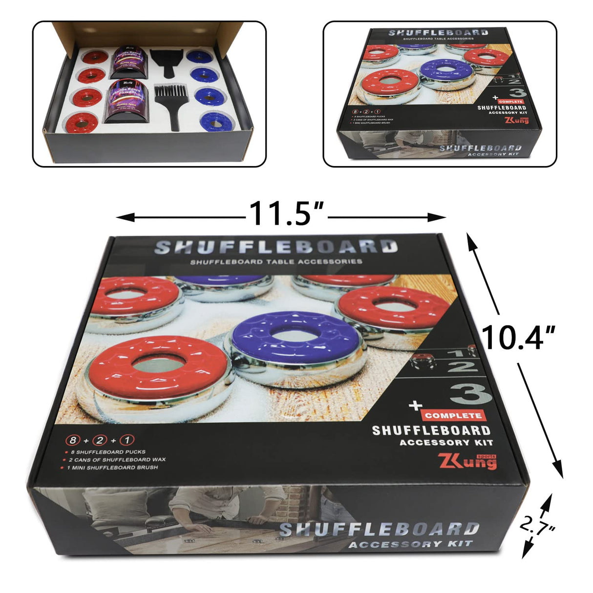Shuffleboard Pucks with Shuffleboard Sand Set - 2 1/8 Shuffleboard Table Pucks with 2 Cans Shuffleboard Wax Medium Speed and Mini Brush and Dustpan Set YDDS