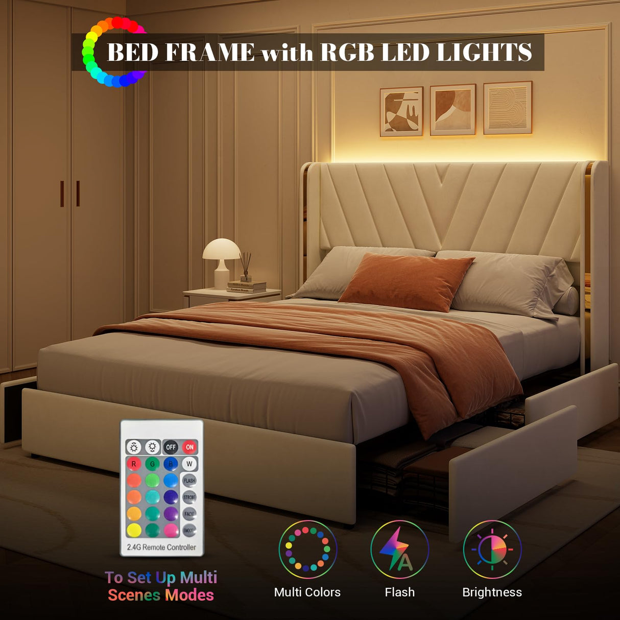 Queen Upholstered Led Bed Frame with 4 Storage Drawers, Queen Size Bed Frame with RGB Led Lights, Velvet Platform Bed Frame with Wingback Headboard, No Box Spring Needed, Noise Free, Easy Assembly JoanKaren