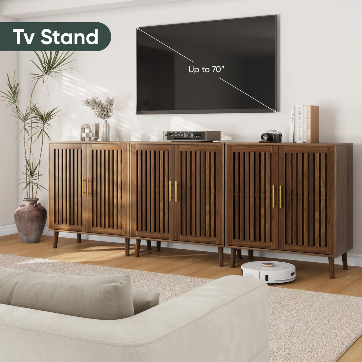 Smart FENDEE Sideboard Cabinet, 31.5" W Farmhouse Buffet Cabinet with Slatted Doors & Adjustable Shelf, Wood Coffee Bar Storage Station for Kitchen, Dining Room, Living Room, Entryway, Walnut Color Smart FENDEE