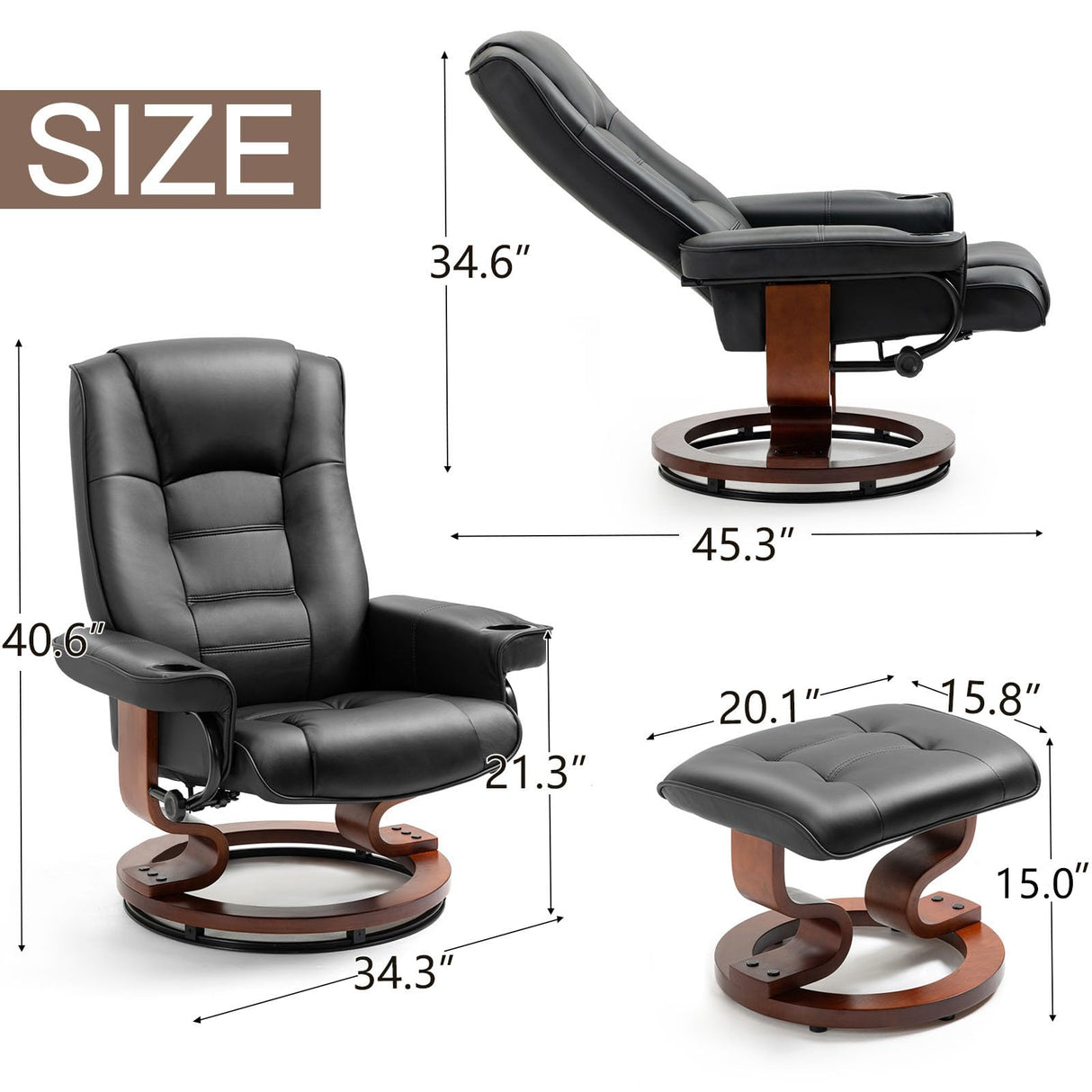 AVAWING Recliner with Ottoman, Wood Base & Adjustable Back, Faux Leather Swivel Reclining Chair with Footrest for Living Room and Bedroom, Black AVAWING