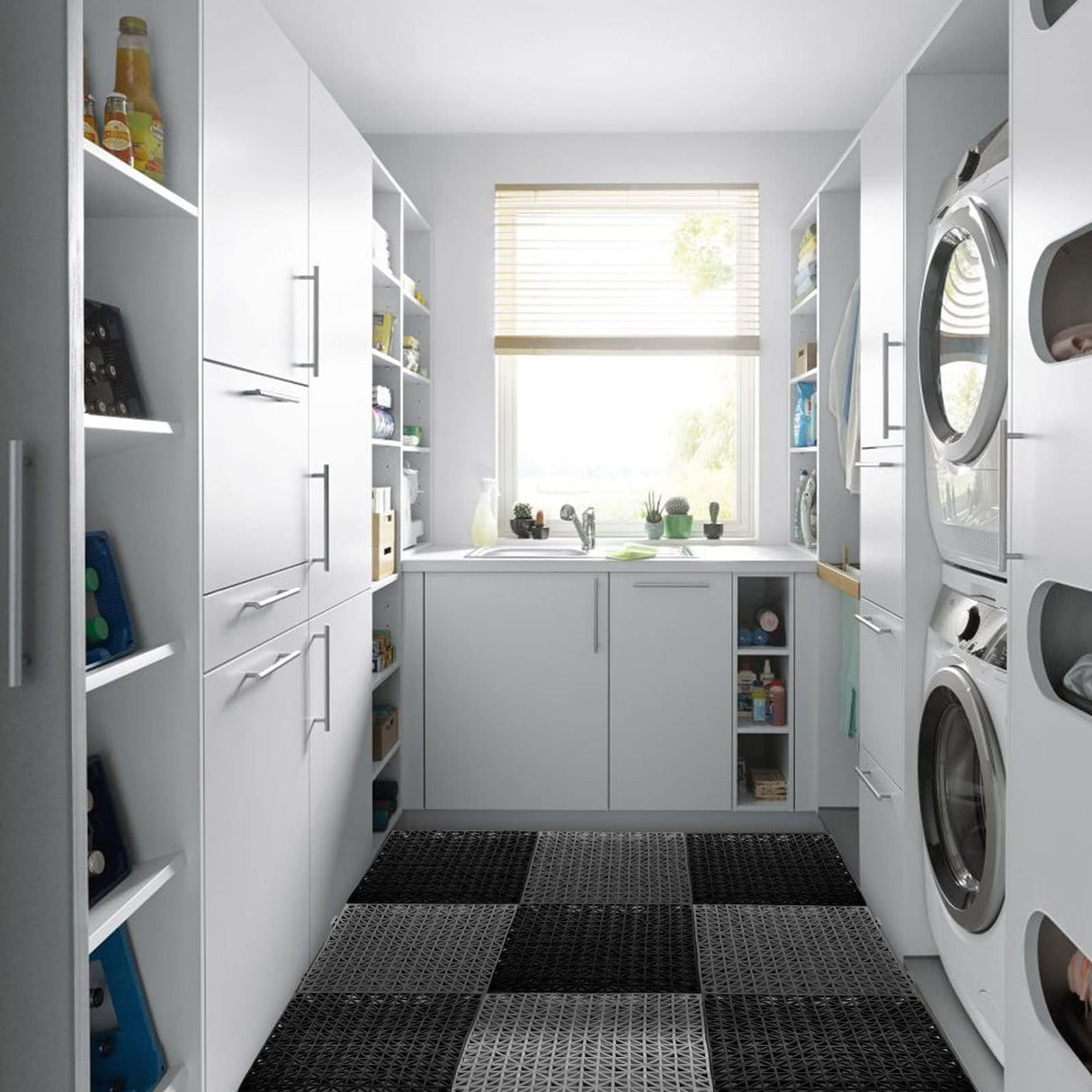 FengWu 12 Pack 12 x 12 Interlocking Rubber Bathroom Flooring Tiles Non-Slip Splicing Waterproof Mat Modular Interlocking Cushion Mat for Drain,Deck,Pool, Patio, Balcony, Shower, Kitchen, Yard, Grey FengWu