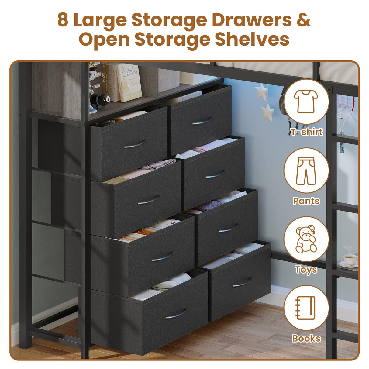 BTHFST Twin Loft Bed with Desk & 8 Storage Drawers Tall Dresser, Black Metal Loft Bed with LED Lights & Charging Station, 2-Tier Storage Shelves, Stable & Sturdy, Noise Free, Space Saving, Grey BTHFST