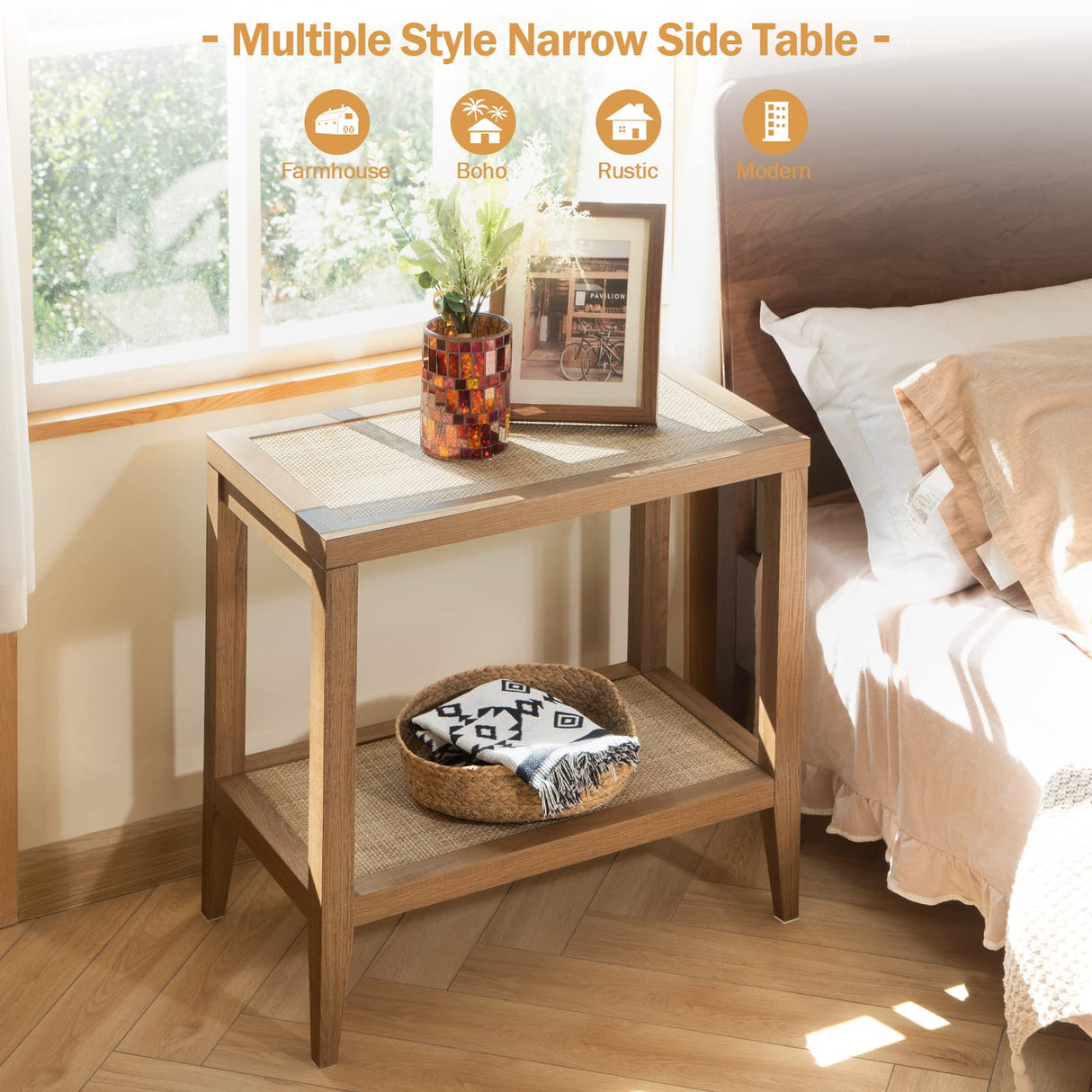 SICOTAS Boho Rattan Nightstand Bedside Table - Farmhouse Narrow End Table for Living Room - Accent Side Table with 2 Rattan Open Storage Shelves for Bedroom, Small Spaces, Wood SICOTAS