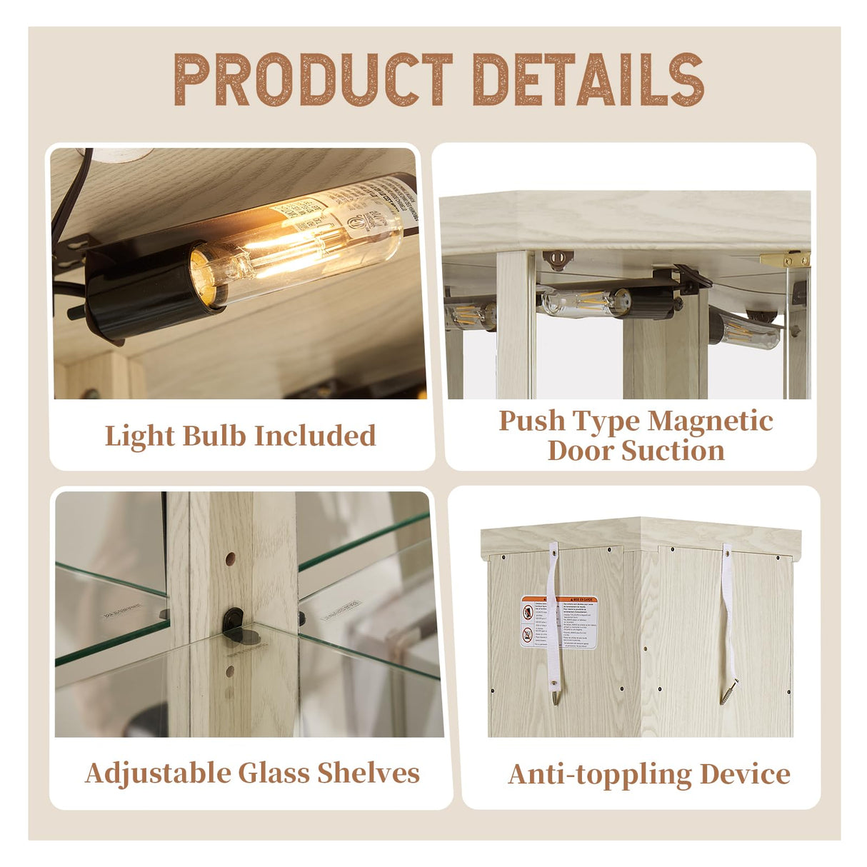 YSJZYBF Lighted Corner Curio Cabinet,Corner Display Cabinet Corner Storage Cabinet with Tempered Glass Doors Mirrored Back Panel Adjustable Shelves,16.46" L X 16.46" W X 69.84" H(Antique White) YSJZYBF