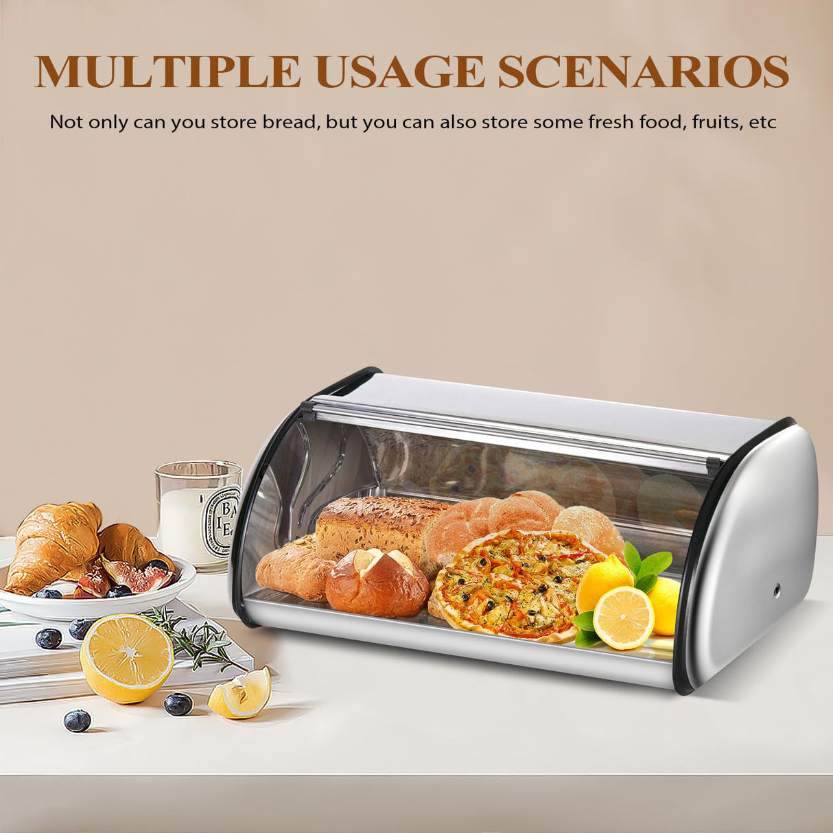 ENLOY Bread Box for Kitchen Counter, Stainless Steel Roll Top Bread Bin, Sliver Bread Storage Holder with Lid, Large Capacity Bread Keeper, 17 x 11 x 7 Inches ENLOY