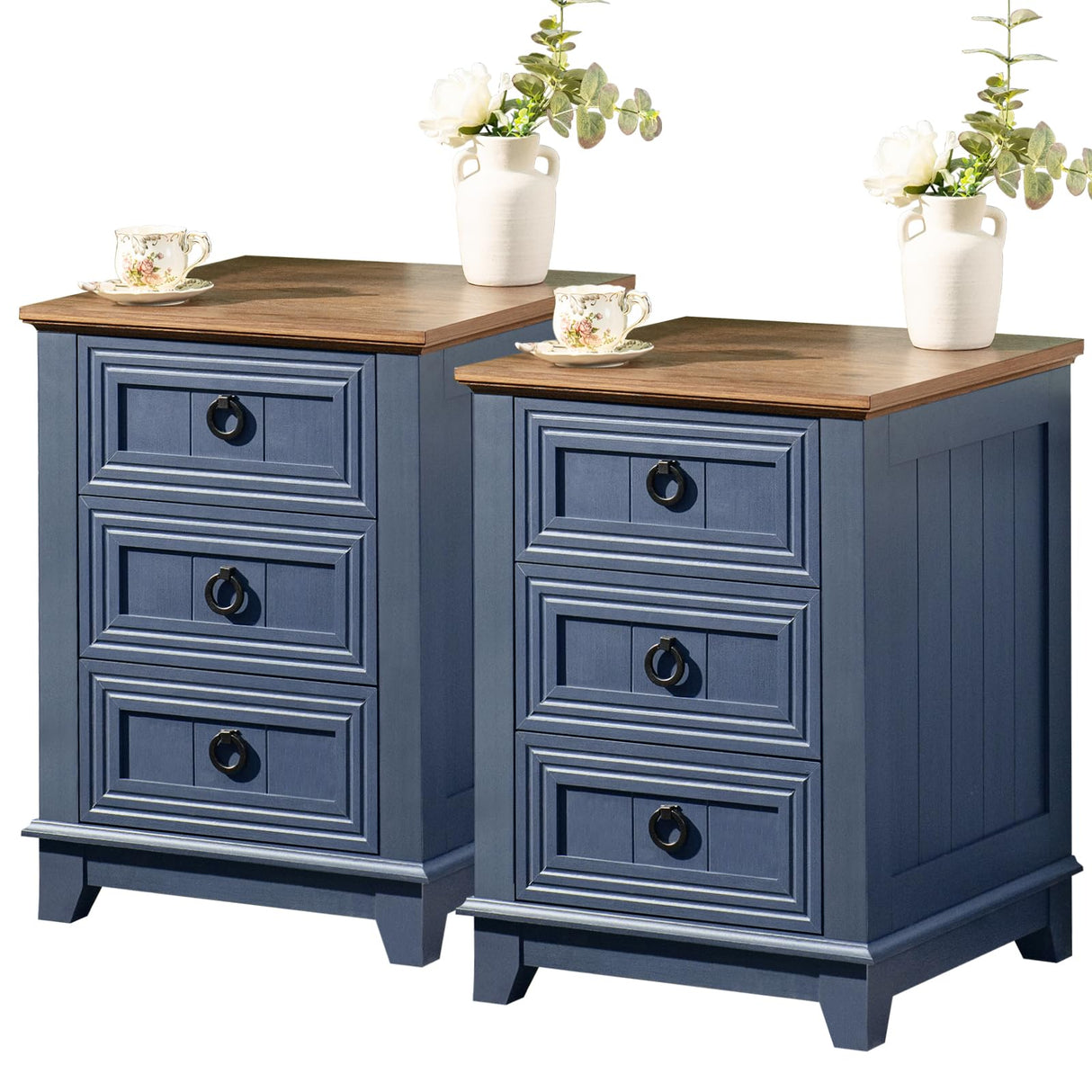 Joaxswe Night Stand Set of 2, Farmhouse 18" End Table with 3 Drawer Metal Handle, Dresser for Bedroom, Sofa Bed Side Table Chest of Drawers,Wood Nightstand Cabinet for Organizer, Living Room-Blue Joaxswe