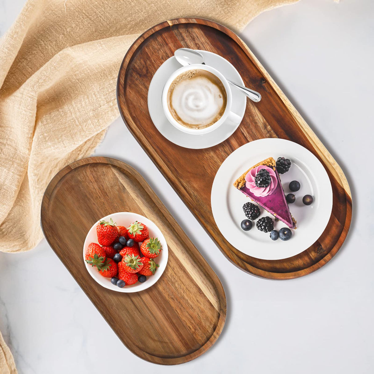 Elsjoy Set of 2 Acacia Wooden Serving Trays, Natural Wood Serving Platters Set with Lip, Oval Charcuterie Plates Board Rustic Long Bread Fruit Dishes for Kitchen Decor, 14"x7" and 11"x5.5" Elsjoy