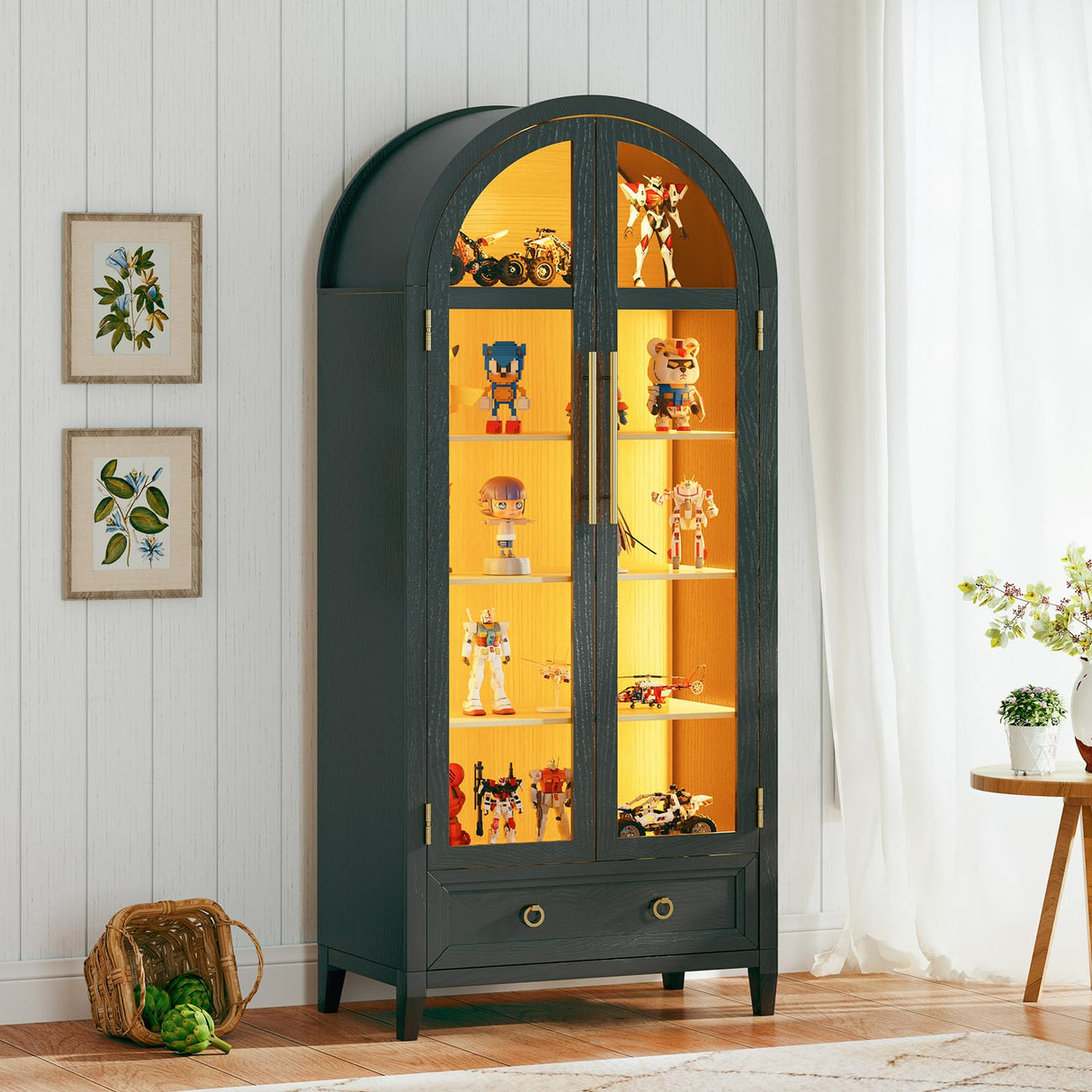 MDGC Arch Display Cabinet with Glass Doors, 4-Tier Curio Cabinet Shelves and a Drawer,73" Inch Tall LED Display Case for Collectibles,Bookcase for Bedroom Living Room Office,Black MDGC