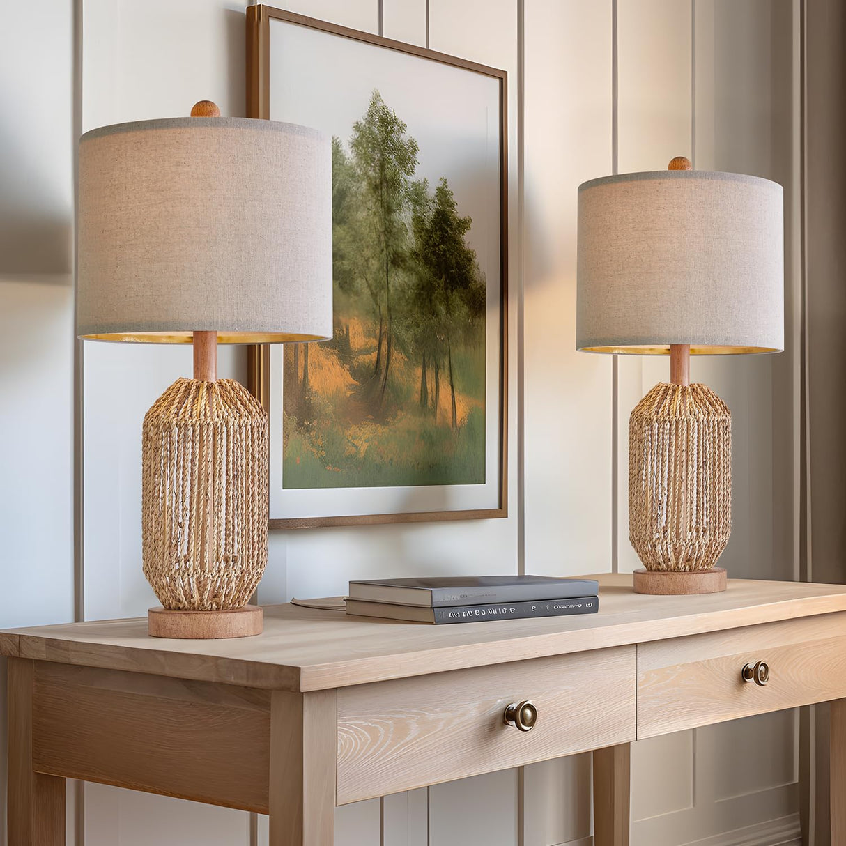 OYEARS 21" Boho Table Lamps Set of 2 for Living Room, Bedside Lamps for Nightstand, Rattan Lamp for Bedroom, Farmhouse Table Lamps for Boho Decor, End Table, Retro, Brown OYEARS