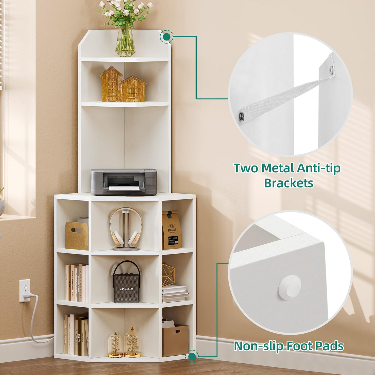 YITAHOME Corner Shelf with USB Ports & Outlets, Modern Corner Storage Cabinet Rack Charging Station, Wooden Display Bookshelf Bookcase for Living YITAHOME