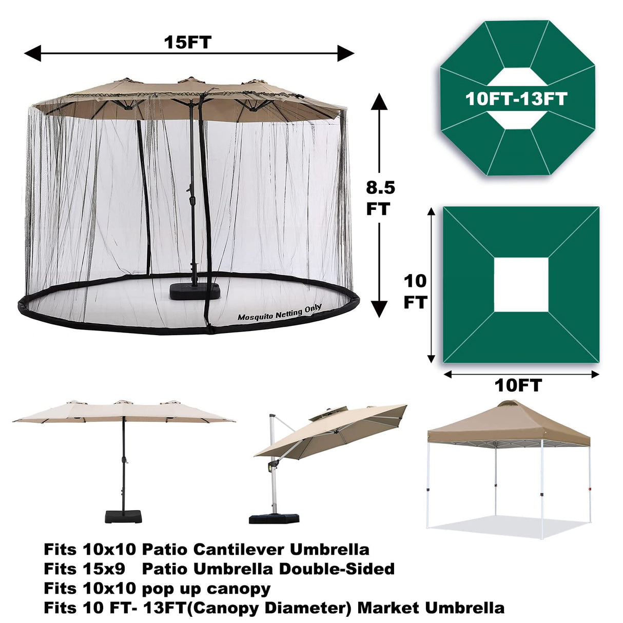 DOOSARG Umbrella Netting for Outdoor Umbrellas, Patio Umbrella Mosquito Netting for 15FT Double-Sided Umbrella, with Double Zipper Door and Adjustable Rope, (Black) (15FT) DOOSARG