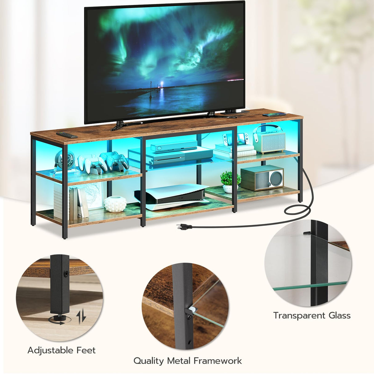 HOOBRO LED TV Stand for 75 Inch TVs with Charging Station, Gaming Entertainment Center with Open Storage, Media TV Console Table, TV Stand for Living Room, Bedroom, Rustic Brown and Black BF21UDDS01 HOOBRO