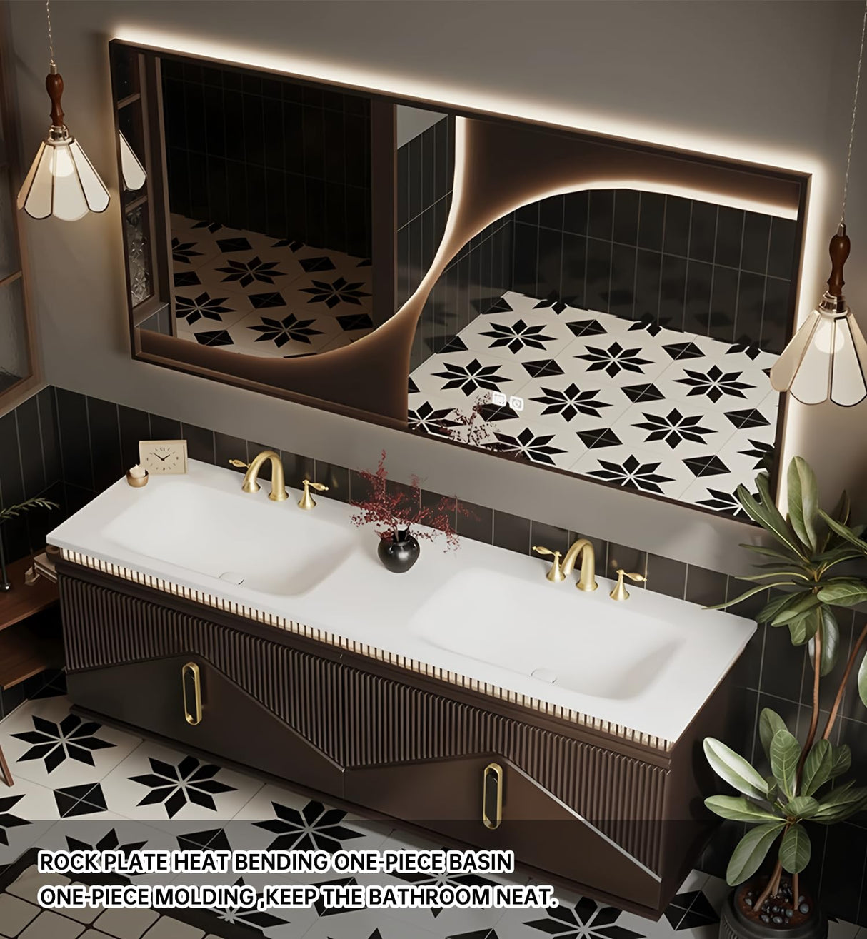 LUTHXAY Double Sinks Bathroom Vanity, 72 Inch Floating Bathroom Cabinet with One-Piece Top & Drawers, Wall Mount Bath Vanities with LED Smart Defog Mirror, Modern Luxurious Solid Wood Vanity(Brown) LUTHXAY