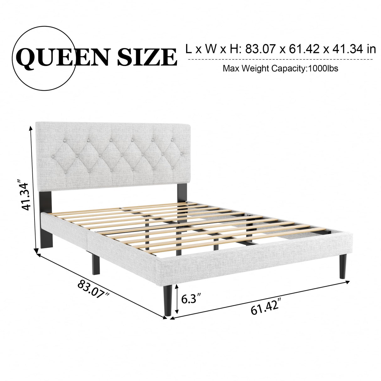 Queen Size Platform Bed Frame with Upholstered Button Tufted Headboard, Mattress Foundation with Wooden Slat Support, Noise Free, No Box Spring Needed, Easy Assembly, Light Grey HAOARA
