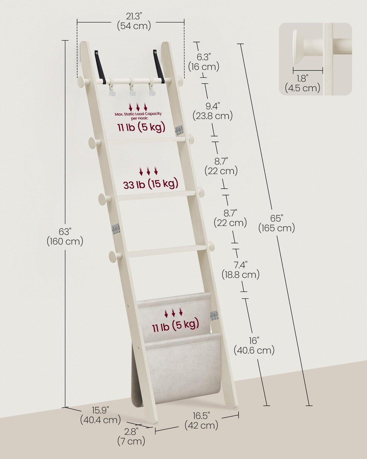 VASAGLE Blanket Ladder for Living Room, 5-Tier Wooden Ladder Shelf, Decorative Farmhouse Blanket Rack with Synthetic Leather Bag, Metal Hooks, Side Hooks, for Bedroom, Cream White ULLS022W01 VASAGLE