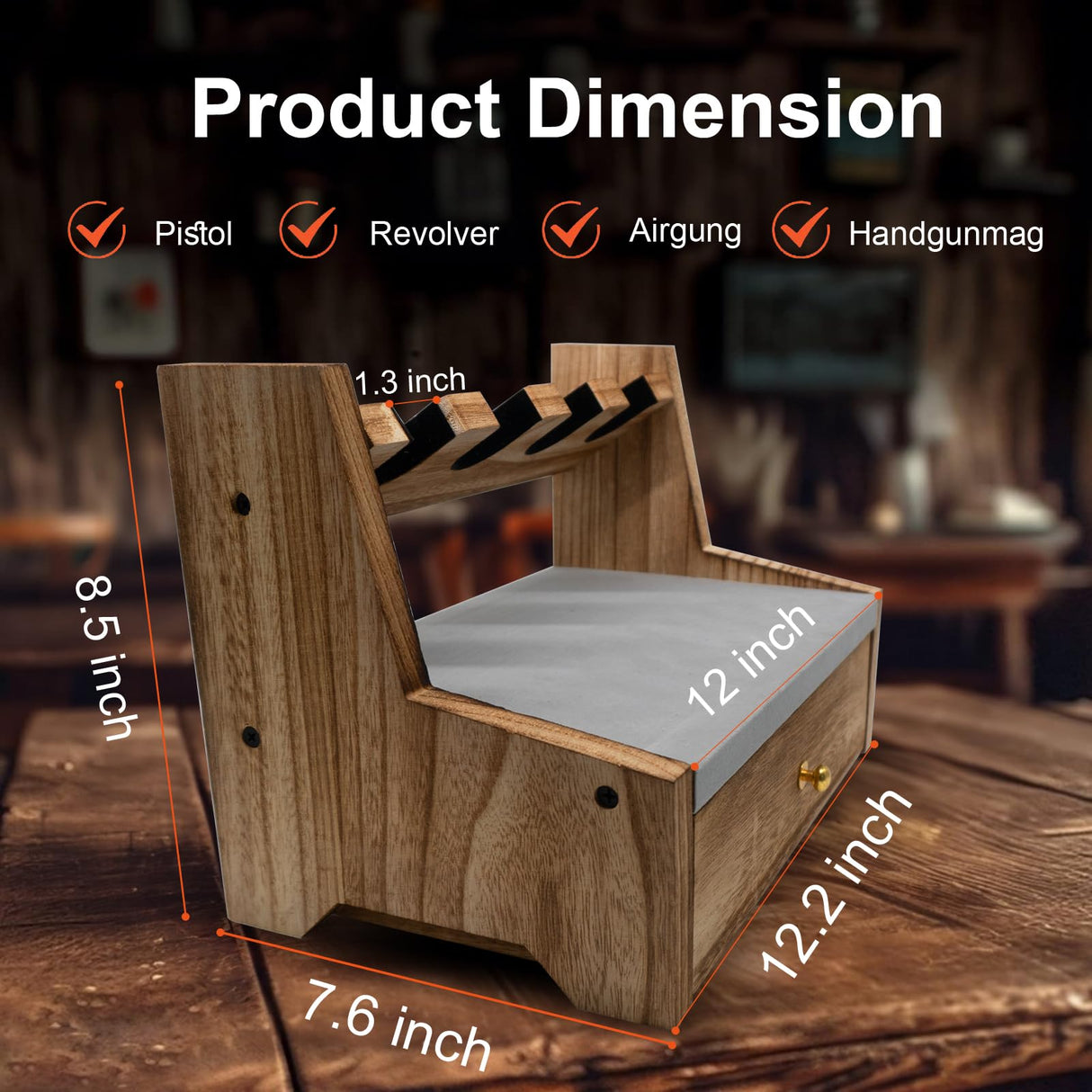 Lanmik Wooden Pistol Rack With Drawer for Gun Storage Solid Wood Gun Rack Holder Rustic Pistol Display Stand Gun Safe Organizer Accessory with 6 Lanmik