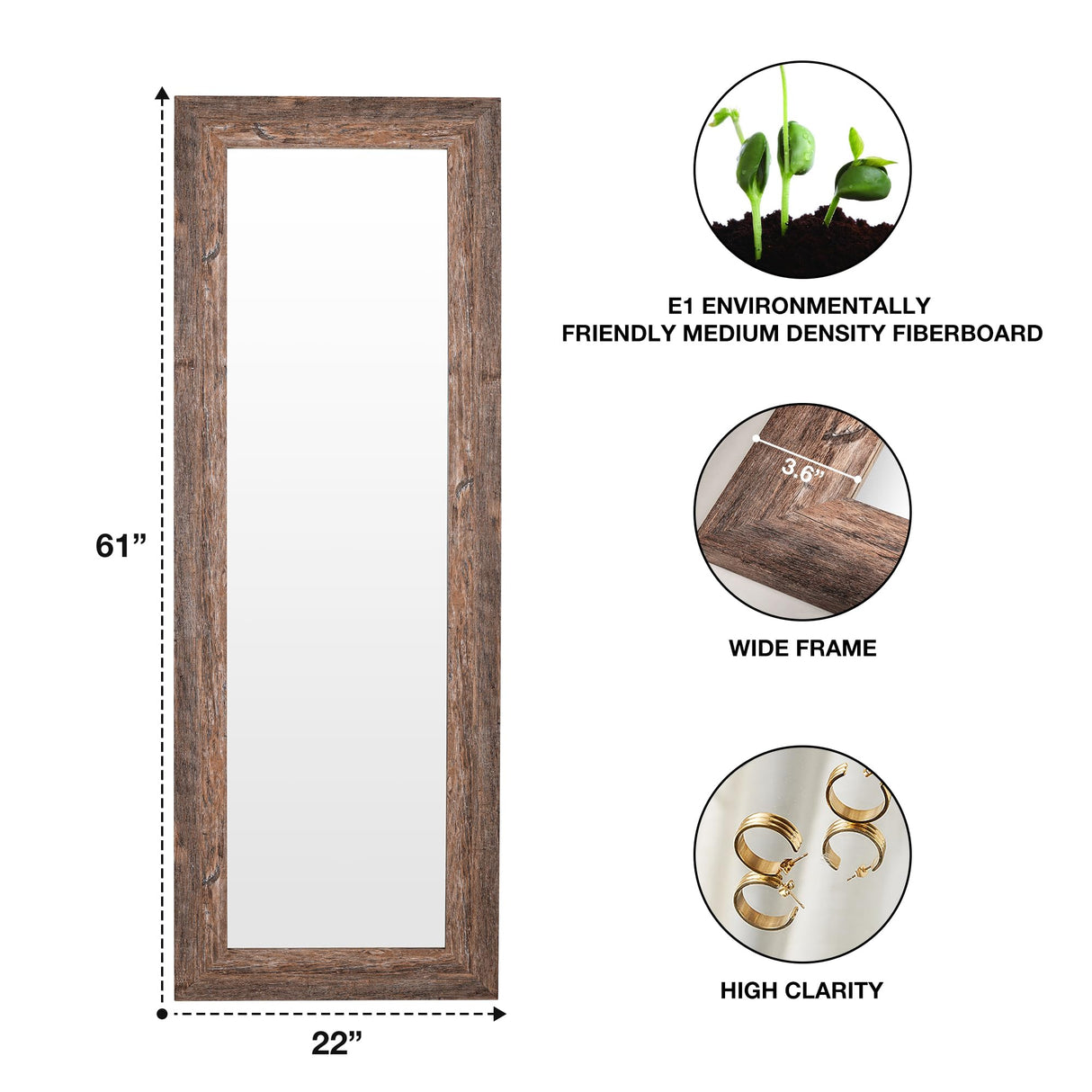 Syndra Modern Design Full Length Mirror, 61"L x 22"W, Wall Mounted, Rectangular, Framed, Wood/wood tone, HD Reflections, Shatterproof, Frosted Edges, Home Decor, Bedroom, Bathroom, Living Room Syndra