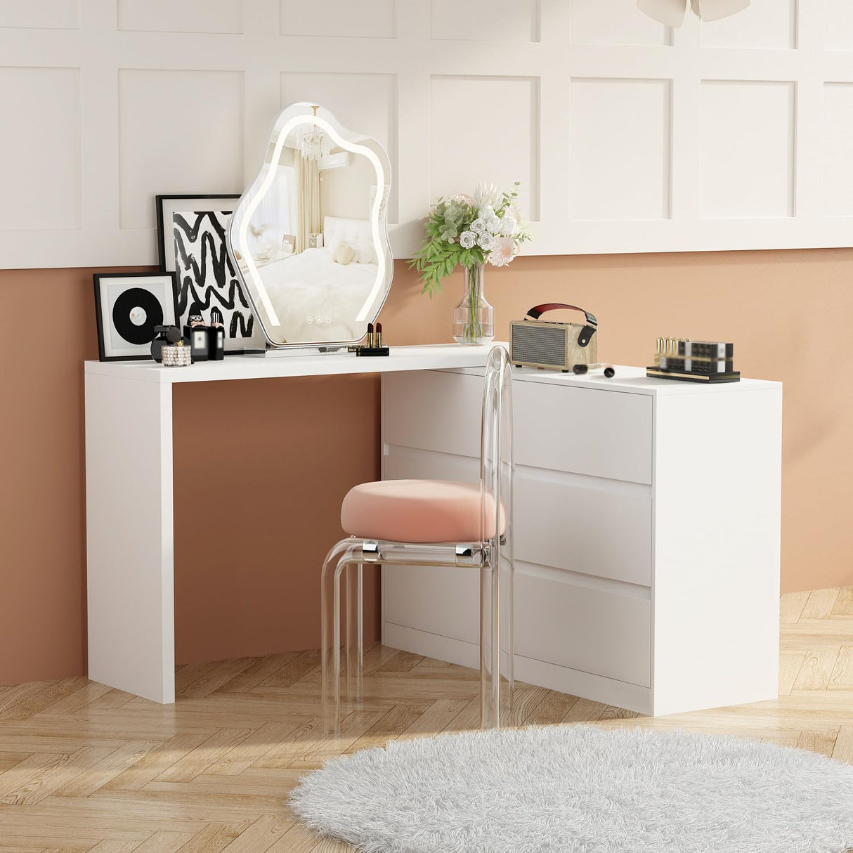 Hitow 6 Drawer Double Dresser with Makeup Vanity Desk, Deformable Wood Dresser Chest with Multifunctional Tabletop, Storage Chest of Drawers for Bedroom, White (51.2" W x 15.7" D x 31.5" H)