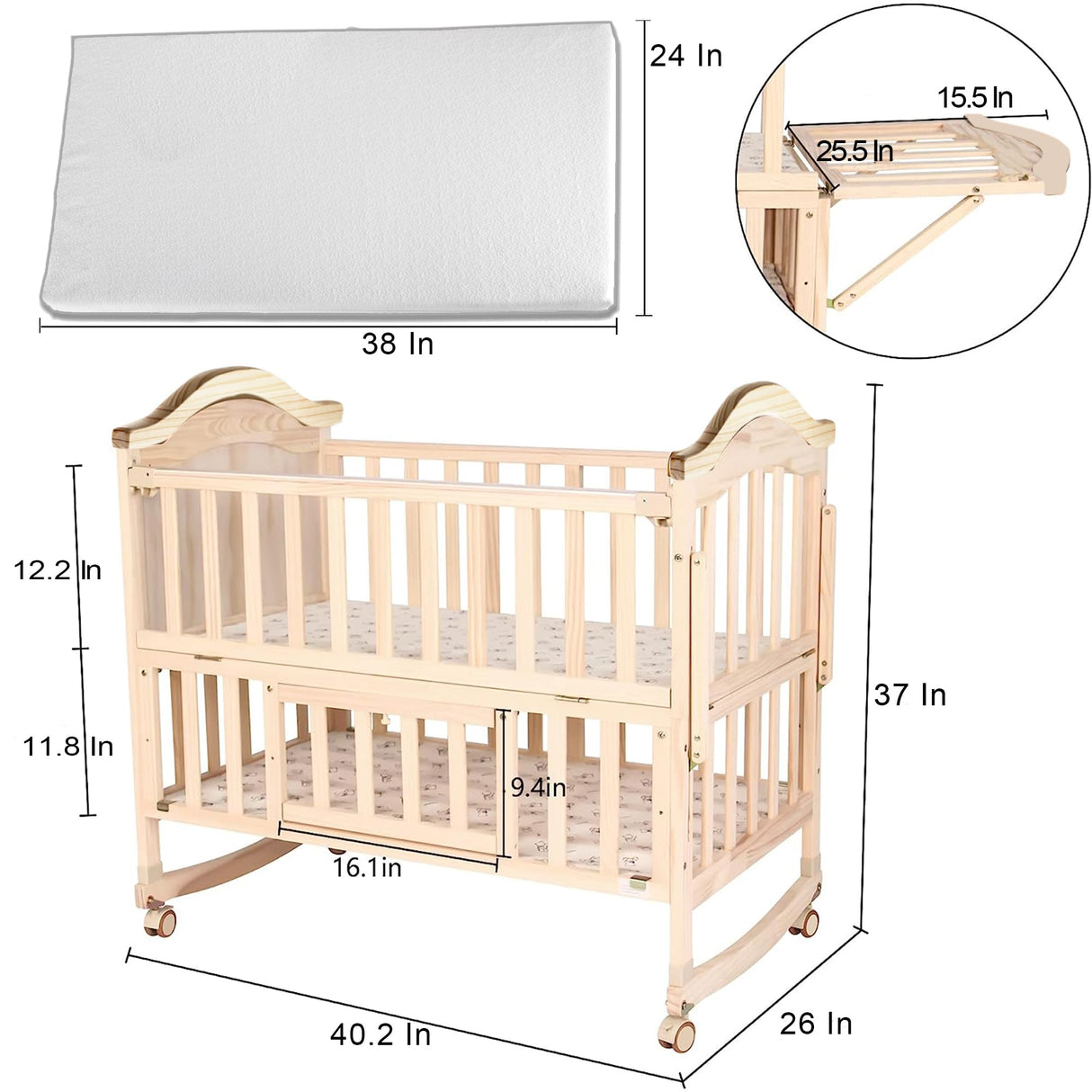 Mini Baby Crib 4 in 1 Convertible with Memory Foam Mattress(38"by 24") Included,cunas para Bebes 2024 Natural Wood Portable Crib with Foldable Storage Baby Playpen, Bassinet Bedside Sleeper,Baby Beds Styhigh
