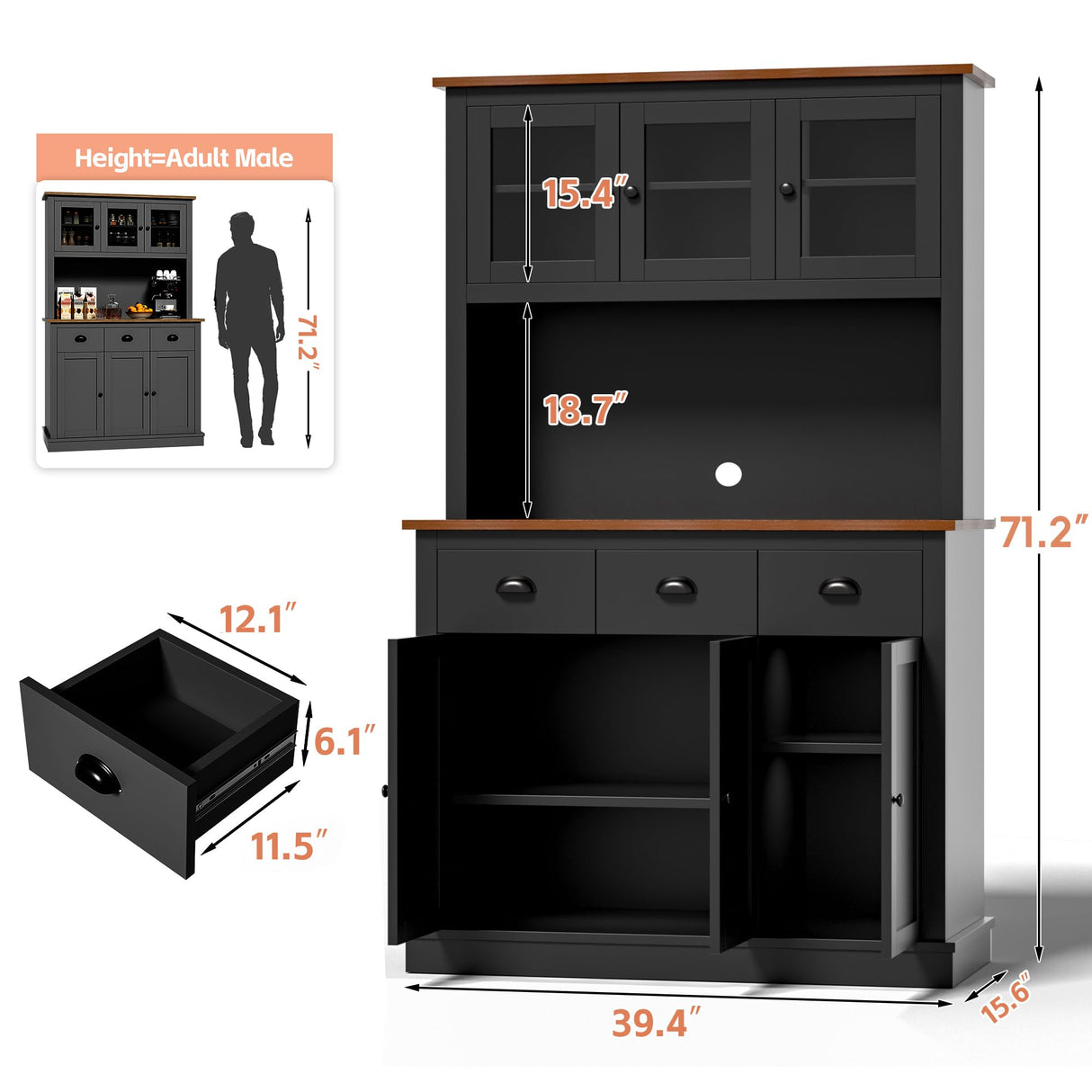 MU 71" Kitchen Pantry Cabinet with Charging Station, Tall Kitchen Hutch with Countertop, Drawers & Microwave Shelf, Food Storage Cabinet for Dining Room & Coffee Bar, Black MU