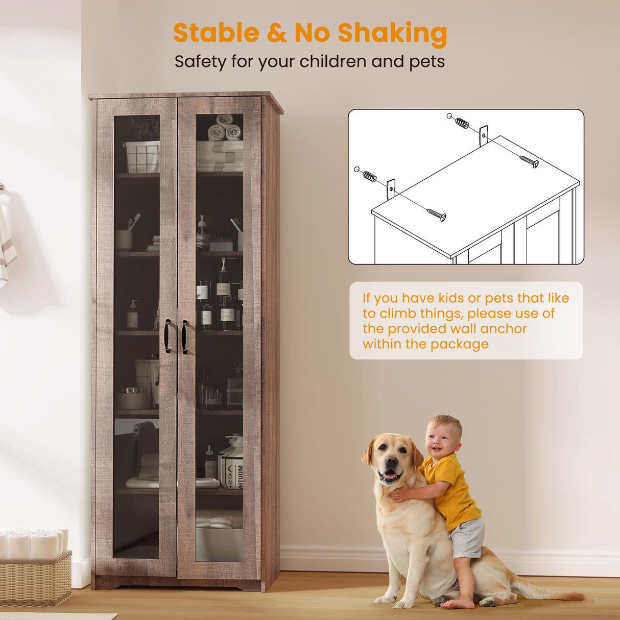 Teekyooly 70" Tall Display Cabinet Storage, Pantry Cabinet with 2 Doors and 6 Adjustable Shelves, Standing Utility Cabinet for Dining Room, Food Storage and Kitchen, Clear and Brown Teekyooly