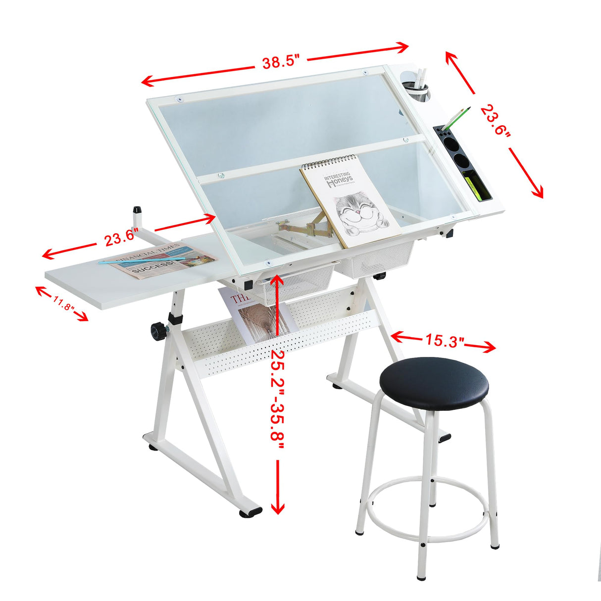 LifeSky Drafting Table Adjustable for Artists - Art Drawing Desk with Storage for Painting Sketching - Glass Top for Painters Illustrators Cartoonists White LIFE SKY