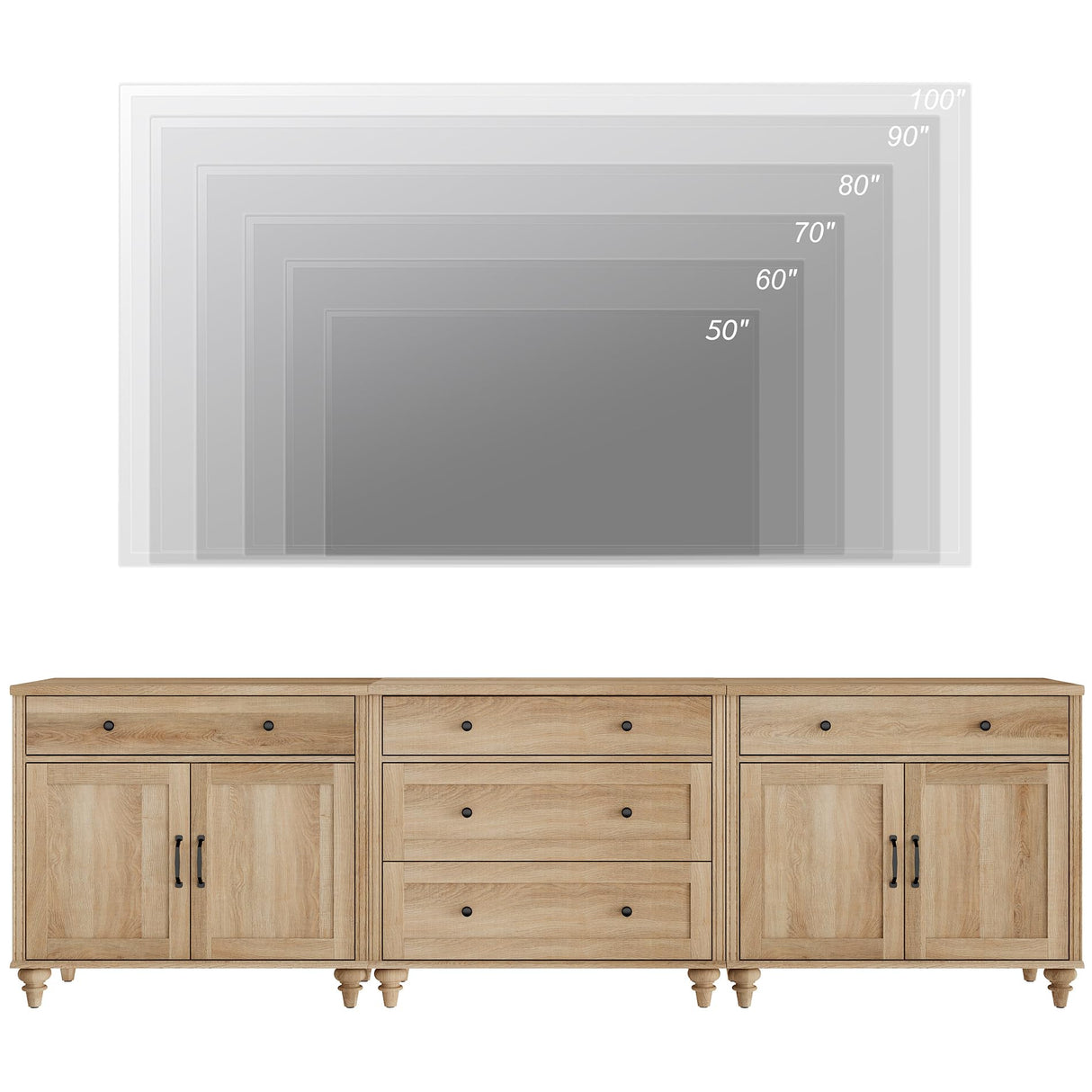 WAMPAT Farmhouse TV Stand for 100 Inch TV, 3-in-1 TV Console Table with 5 Drawers and 4 Doors, Entertainment Center for 75/80/85/90 Inch TV, Kitchen Sideboard Buffet Cabinet for Dining Room, Oak WAMPAT