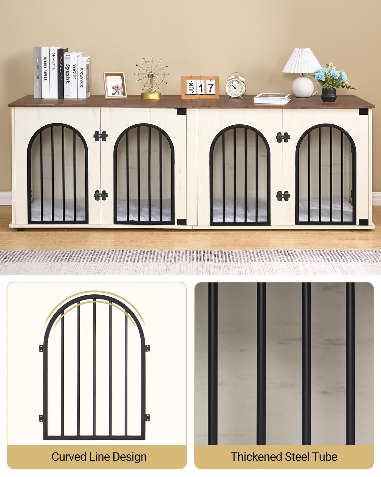 Hzuaneri Dog Crate Furniture, 71" Heavy Duty Dog Kennels with Divider, Pads, Side Table, TV Cabinet, Wooden Dog Crate Furniture for 2 Dogs, Small/Medium/Large Dog, Anti-Chew, White Brown Hzuaneri