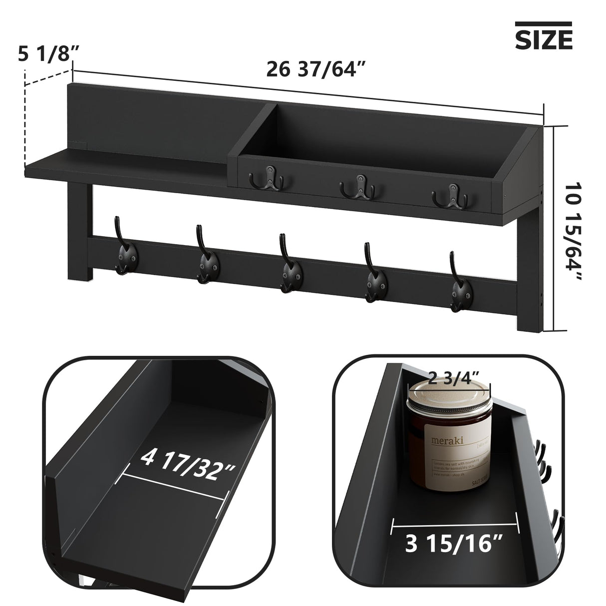 AMBIRD Wall Hooks with Shelf 26.57inch Entryway Wall Hanging Shelf Wood Coat Hooks for Wall Coat Rack Wall Mount Rack with 5 Dual Hooks 3 Key Hooks Mail Organizer and Key Rack Key Holder (Black) AMBIRD