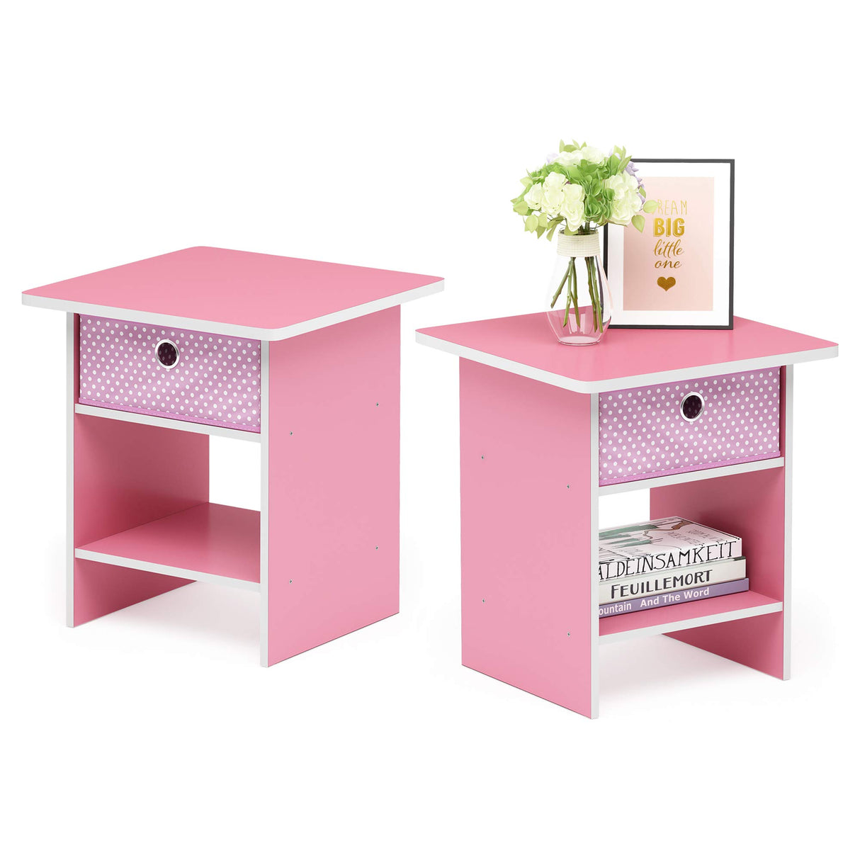 Furinno Dario End Table / Side Table / Night Stand / Bedside Table with Bin Drawer, 2-Pack, Pink/Light Pink Furinno