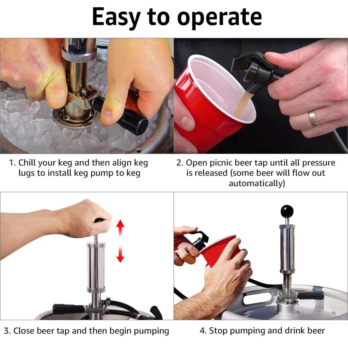 MRbrew Keg Party Pump, American D System Beer Keg Tap Keg Hand Pump 4'' Picnic Pump with Beer Faucet & Beer Hose, Chrome-Plated Keg Draft Beer Party Pump with 2 Hose Clamps Kegerator Pump for Homebrew MRbrew